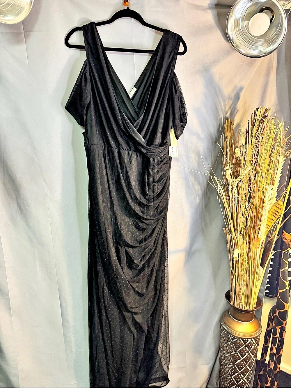 Kiyonna Black Ruched Maxi Dress with sheer overlay